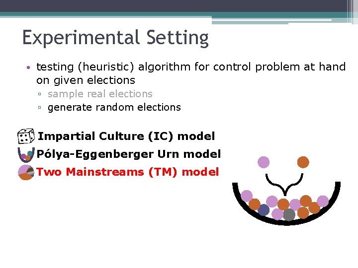 Experimental Setting • testing (heuristic) algorithm for control problem at hand on given elections