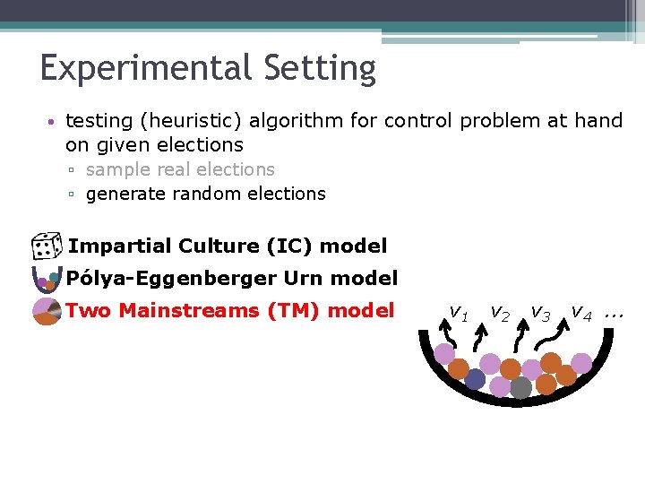 Experimental Setting • testing (heuristic) algorithm for control problem at hand on given elections