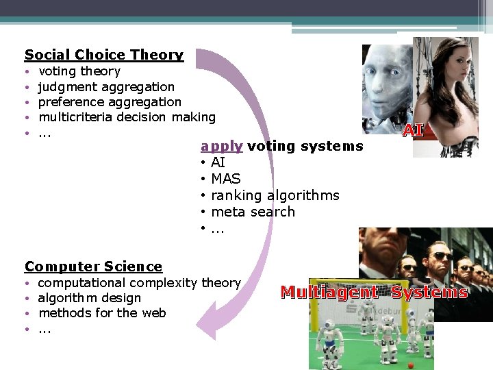 Social Choice Theory • • • voting theory judgment aggregation preference aggregation multicriteria decision