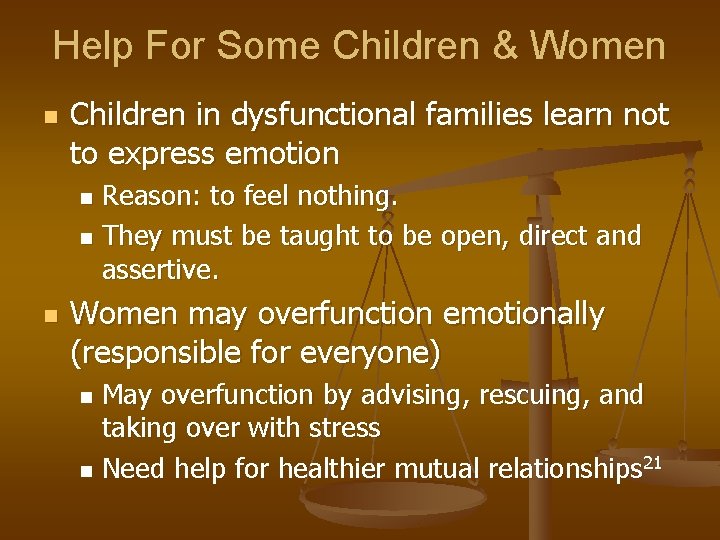 Help For Some Children & Women n Children in dysfunctional families learn not to