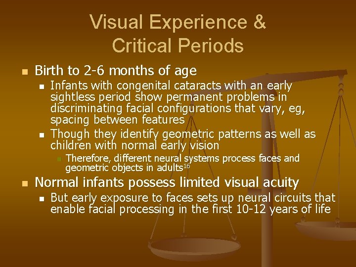 Visual Experience & Critical Periods n Birth to 2 -6 months of age n