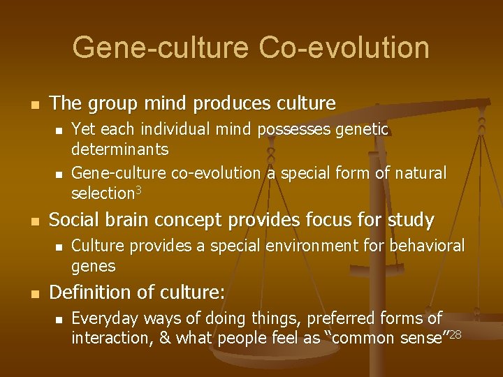 Gene-culture Co-evolution n The group mind produces culture n n n Social brain concept