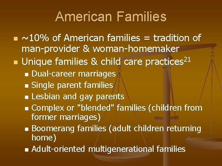 American Families n n ~10% of American families = tradition of man-provider & woman-homemaker