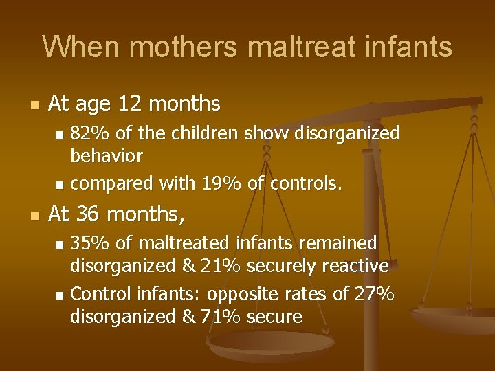 When mothers maltreat infants n At age 12 months 82% of the children show