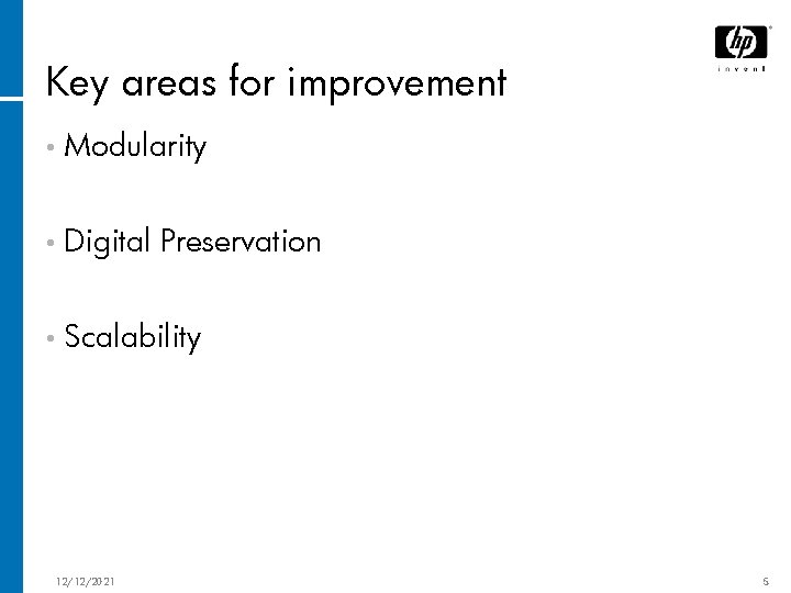 Key areas for improvement • Modularity • Digital Preservation • Scalability 12/12/2021 5 