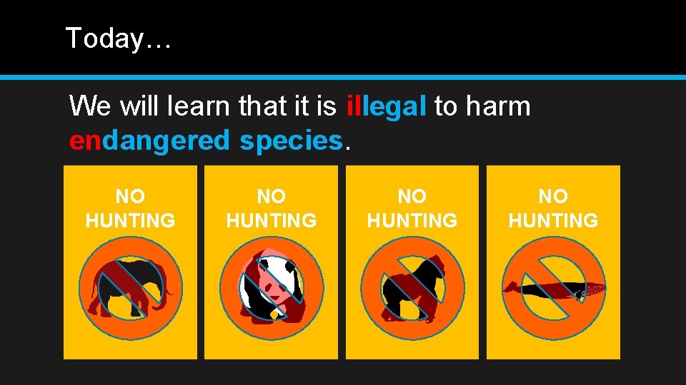 Today… We will learn that it is illegal to harm endangered species. NO HUNTING