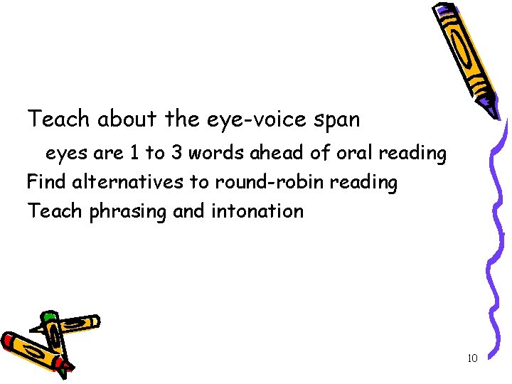 Teach about the eye-voice span eyes are 1 to 3 words ahead of oral