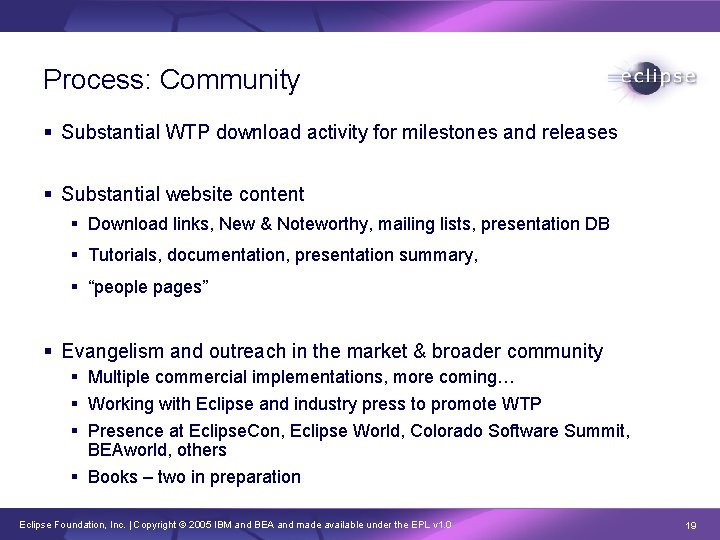 Process: Community § Substantial WTP download activity for milestones and releases § Substantial website