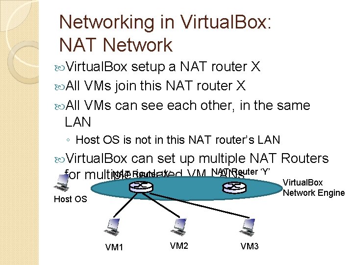 Networking in Virtual. Box: NAT Network Virtual. Box setup a NAT router X All