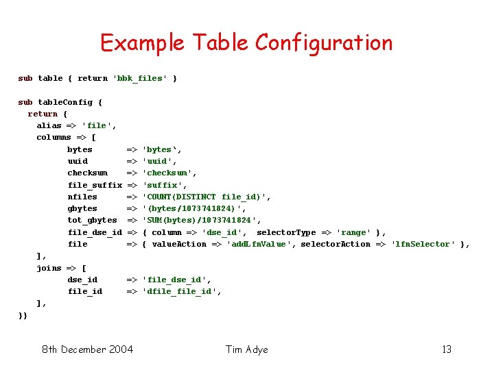 Example Table Configuration sub table { return 'bbk_files' } sub table. Config { return
