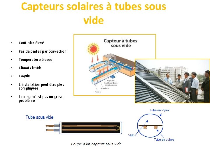 Capteurs solaires à tubes sous vide • Coût plus élevé • Pas de pertes