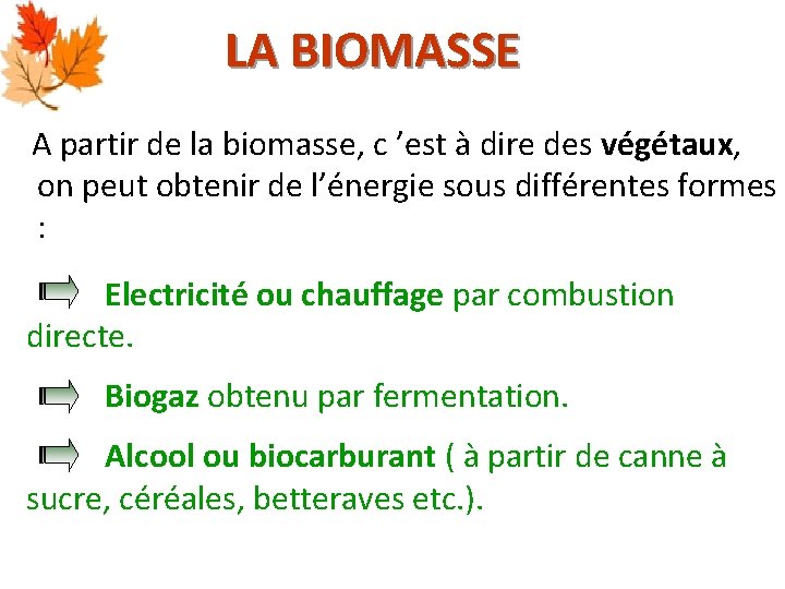 LA BIOMASSE A partir de la biomasse, c ’est à dire des végétaux, on