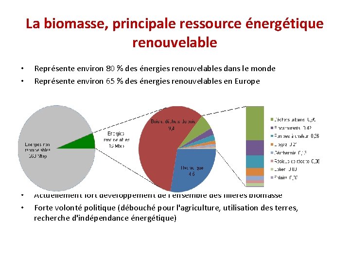 La biomasse, principale ressource énergétique renouvelable • • Représente environ 80 % des énergies