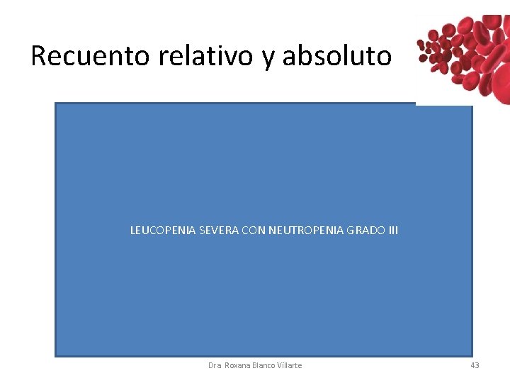 Recuento relativo y absoluto Ejemplo: Leucocitos 400/u. L Neutrófilos 50% (valor relativo) Valor absoluto: