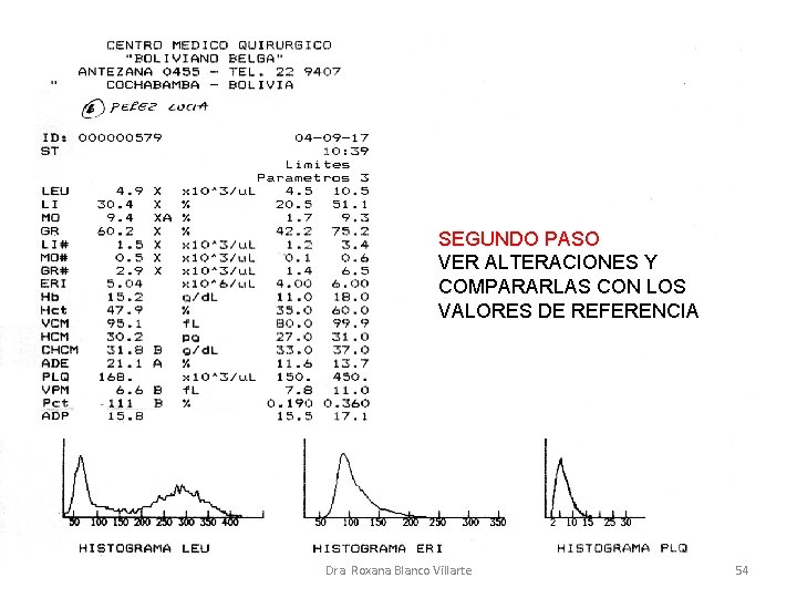 SEGUNDO PASO VER ALTERACIONES Y COMPARARLAS CON LOS VALORES DE REFERENCIA Dra. Roxana Blanco