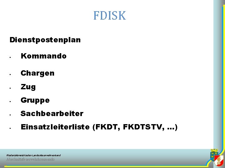 FDISK Dienstpostenplan § Kommando § Chargen § Zug § Gruppe § Sachbearbeiter § Einsatzleiterliste