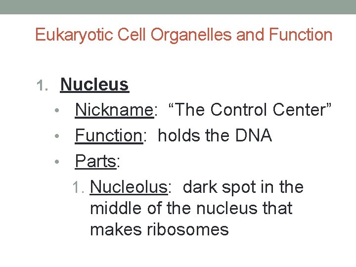 Eukaryotic Cell Organelles and Function 1. Nucleus Nickname: “The Control Center” • Function: holds