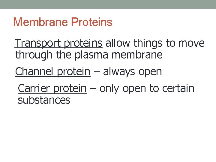 Membrane Proteins Transport proteins allow things to move through the plasma membrane Channel protein