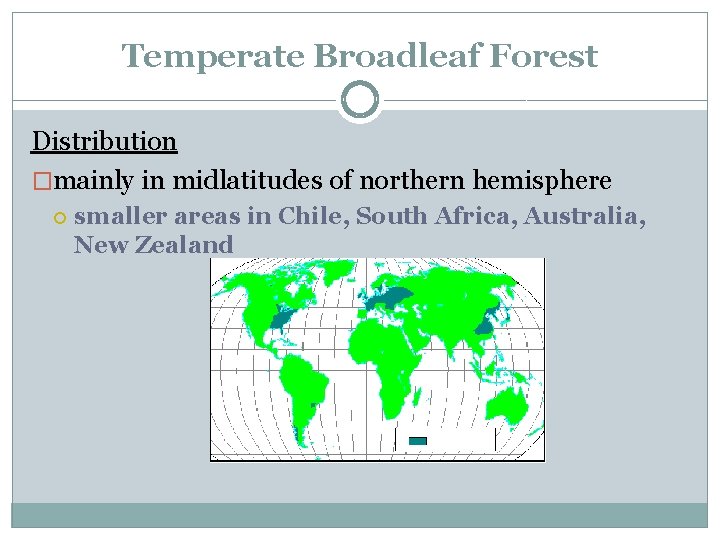 Temperate Broadleaf Forest Distribution �mainly in midlatitudes of northern hemisphere smaller areas in Chile,