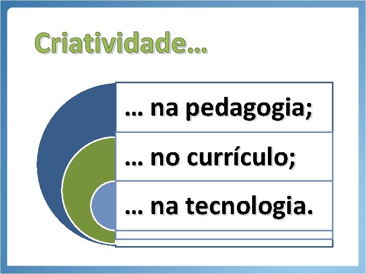 Criatividade… … na pedagogia; … no currículo; … na tecnologia. 