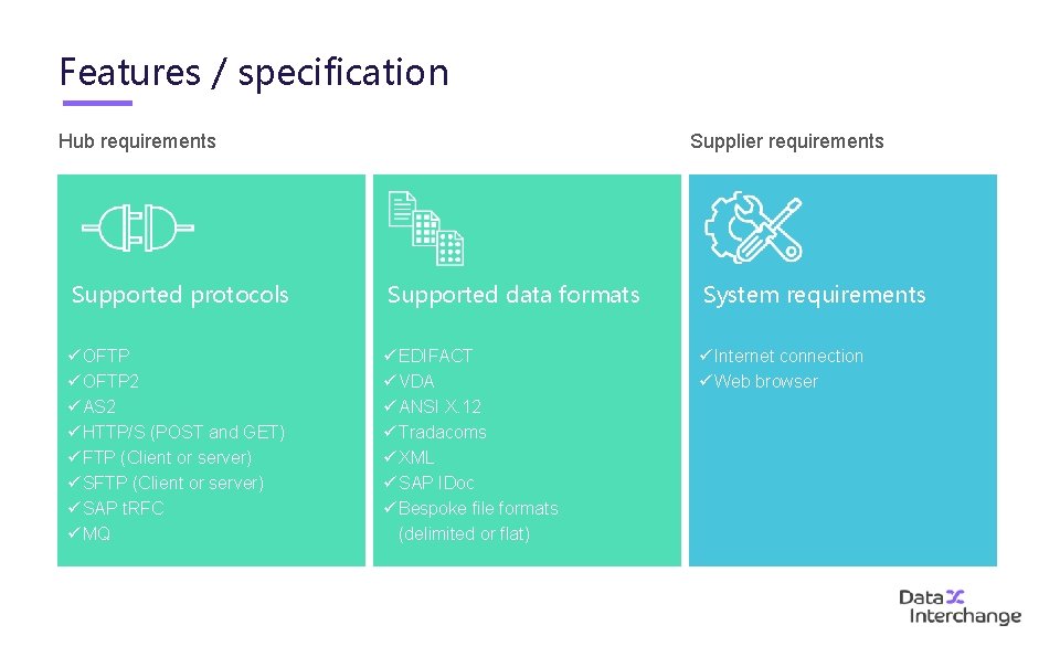 Features / specification Hub requirements Supplier requirements Supported protocols Supported data formats System requirements