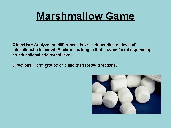 Marshmallow Game Objective: Analyze the differences in skills depending on level of educational attainment.