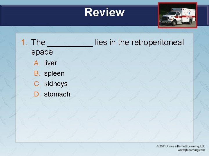 Review 1. The _____ lies in the retroperitoneal space. A. B. C. D. liver