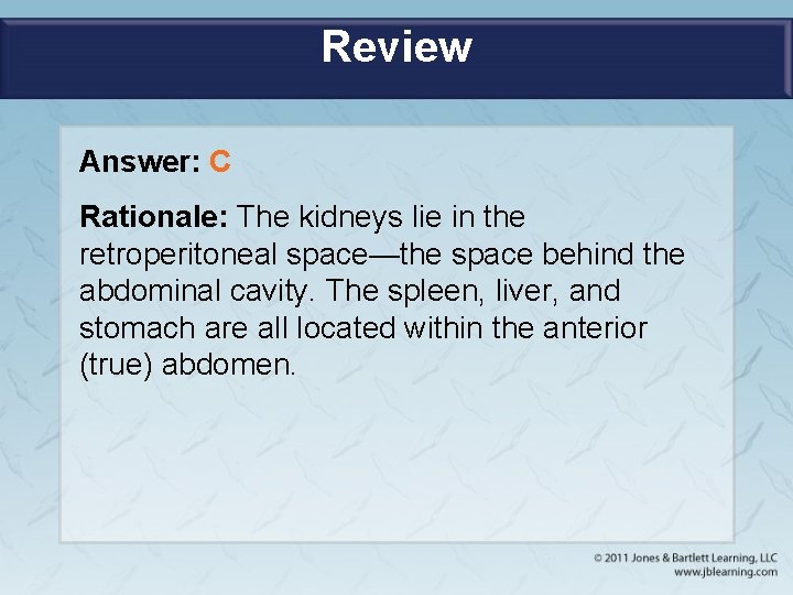 Review Answer: C Rationale: The kidneys lie in the retroperitoneal space—the space behind the
