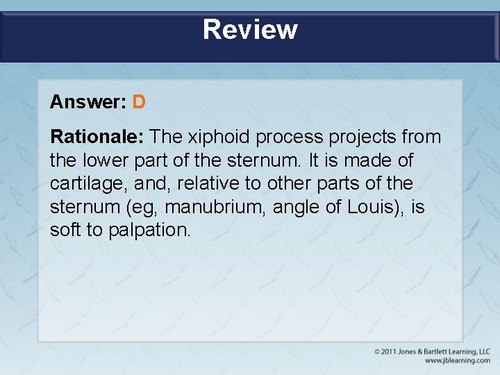 Review Answer: D Rationale: The xiphoid process projects from the lower part of the