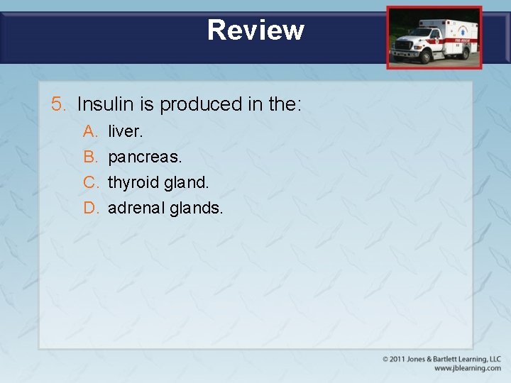Review 5. Insulin is produced in the: A. B. C. D. liver. pancreas. thyroid