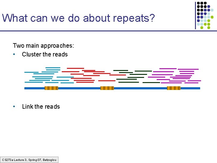 What can we do about repeats? Two main approaches: • Cluster the reads •