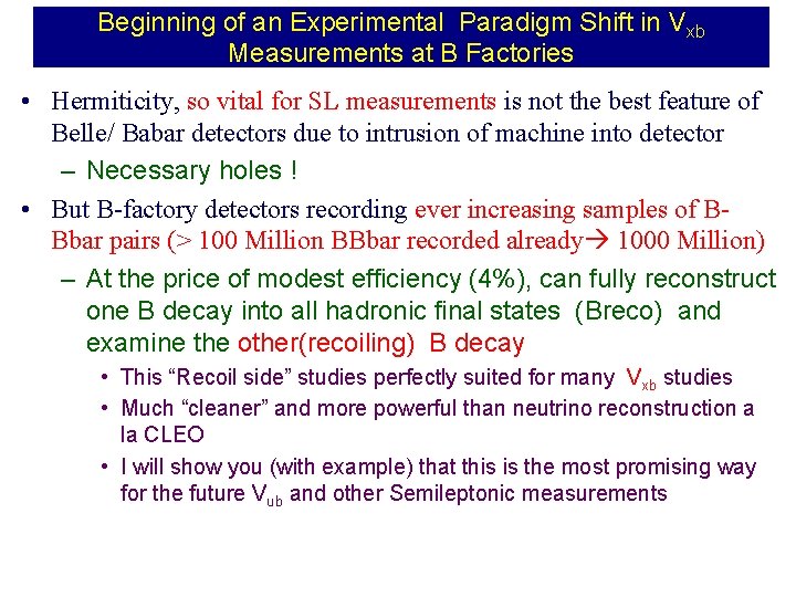 Beginning of an Experimental Paradigm Shift in Vxb Measurements at B Factories • Hermiticity,