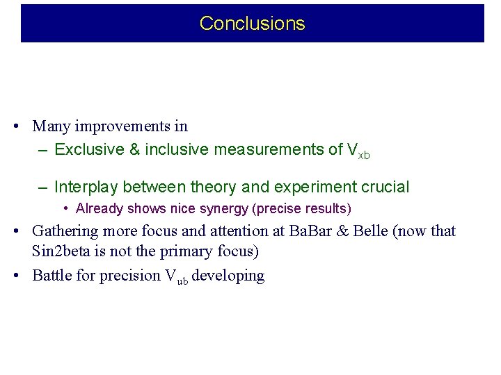 Conclusions • Many improvements in – Exclusive & inclusive measurements of Vxb – Interplay