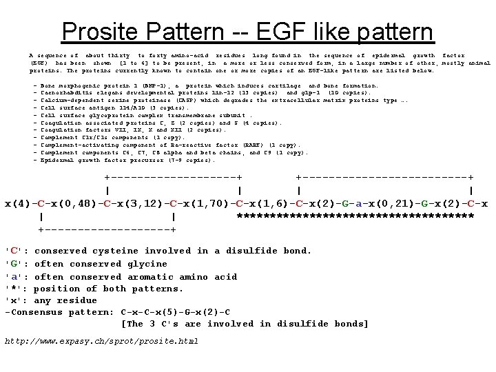 Prosite Pattern -- EGF like pattern A sequence of about thirty to forty amino-acid