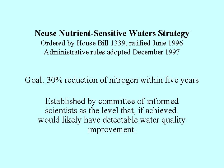 Neuse Nutrient-Sensitive Waters Strategy Ordered by House Bill 1339, ratified June 1996 Administrative rules