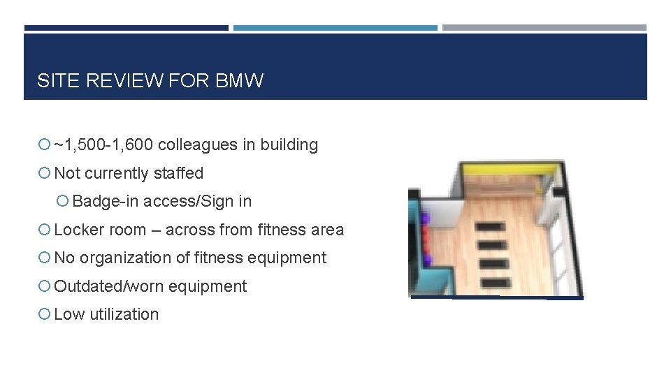 SITE REVIEW FOR BMW ~1, 500 -1, 600 colleagues in building Not currently staffed