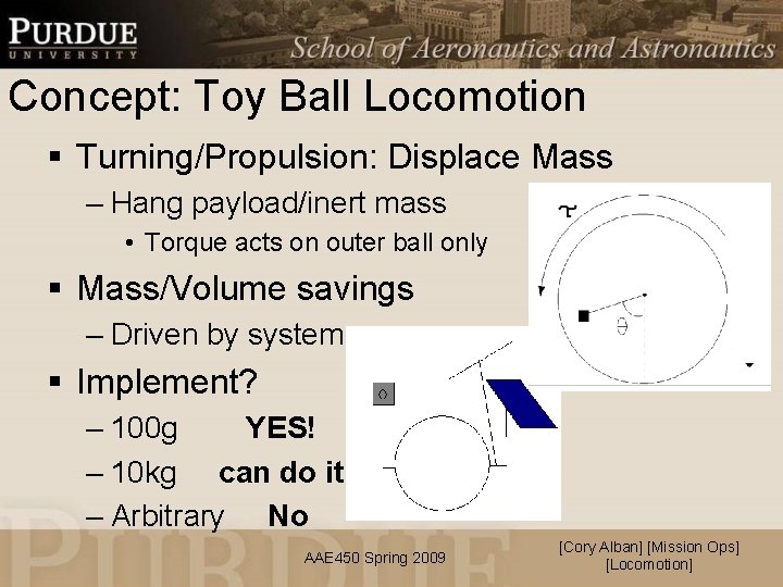 Concept: Toy Ball Locomotion § Turning/Propulsion: Displace Mass – Hang payload/inert mass • Torque