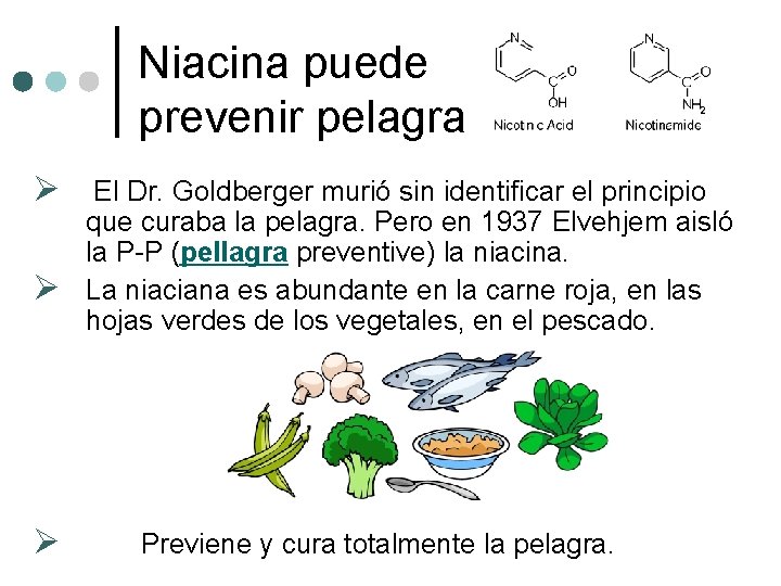 Niacina puede prevenir pelagra Ø El Dr. Goldberger murió sin identificar el principio Ø