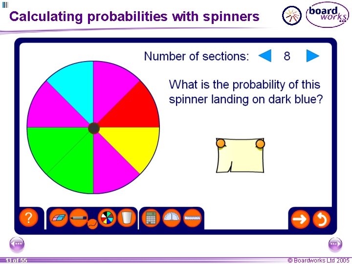 Calculating probabilities with spinners 13 of 55 © Boardworks Ltd 2005 