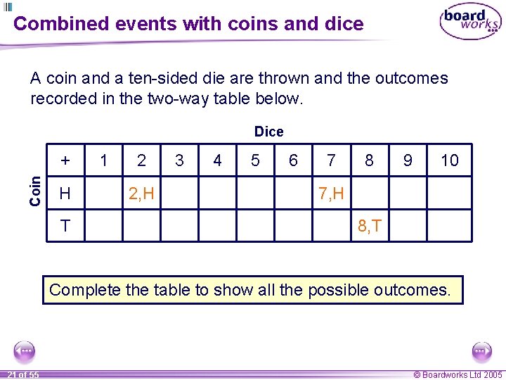 Combined events with coins and dice A coin and a ten-sided die are thrown