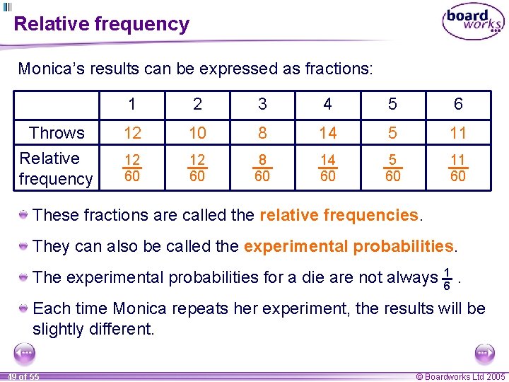 Relative frequency Monica’s results can be expressed as fractions: Throws Relative frequency 1 2