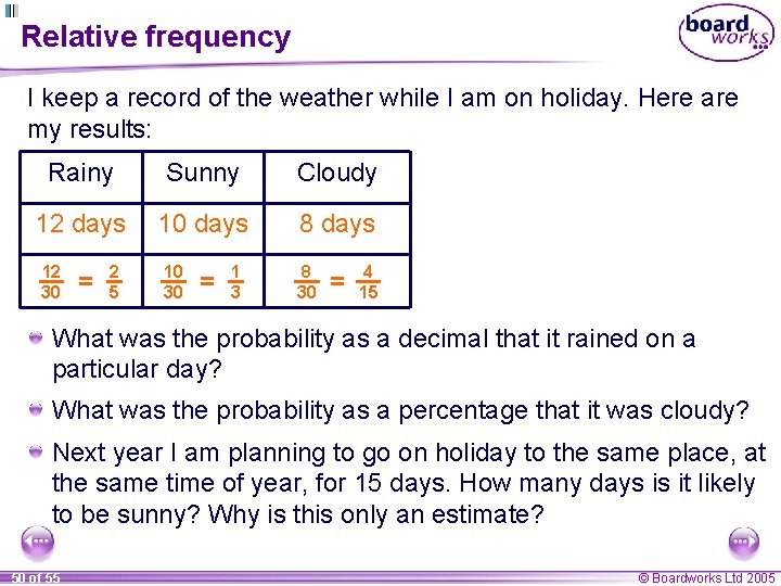 Relative frequency I keep a record of the weather while I am on holiday.