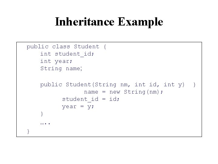 Inheritance Example public class Student { int student_id; int year; String name; public Student(String