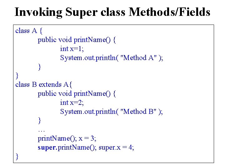 Invoking Super class Methods/Fields class A { public void print. Name() { int x=1;