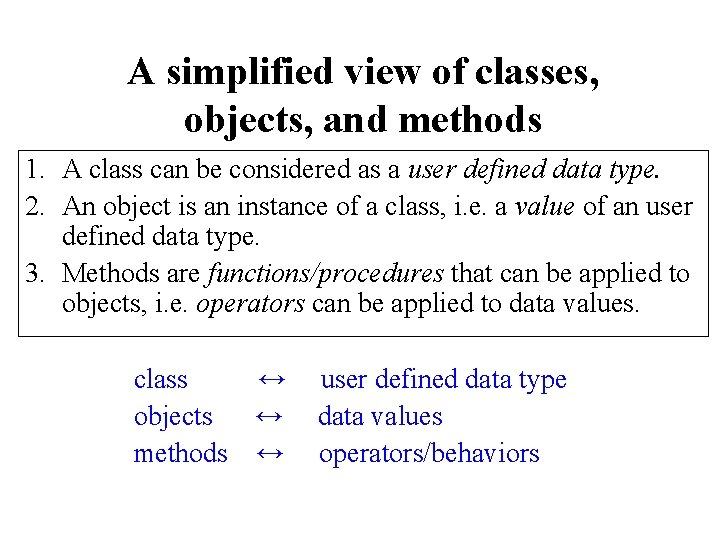 A simplified view of classes, objects, and methods 1. A class can be considered