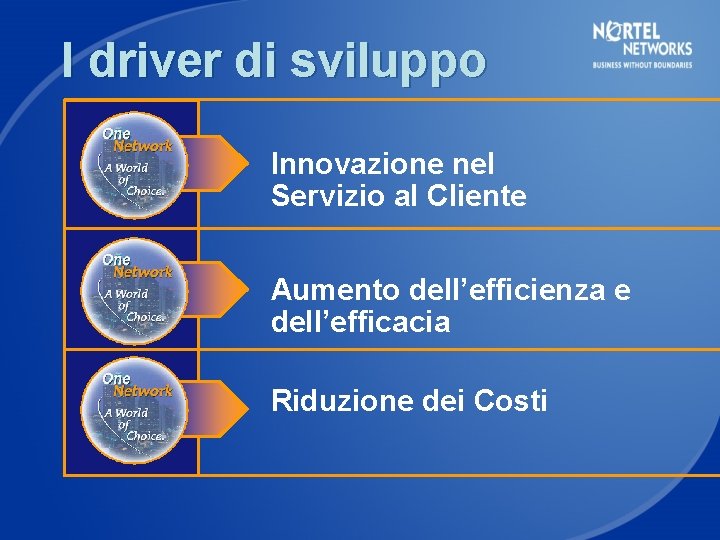 I driver di sviluppo Innovazione nel Servizio al Cliente Aumento dell’efficienza e dell’efficacia Riduzione