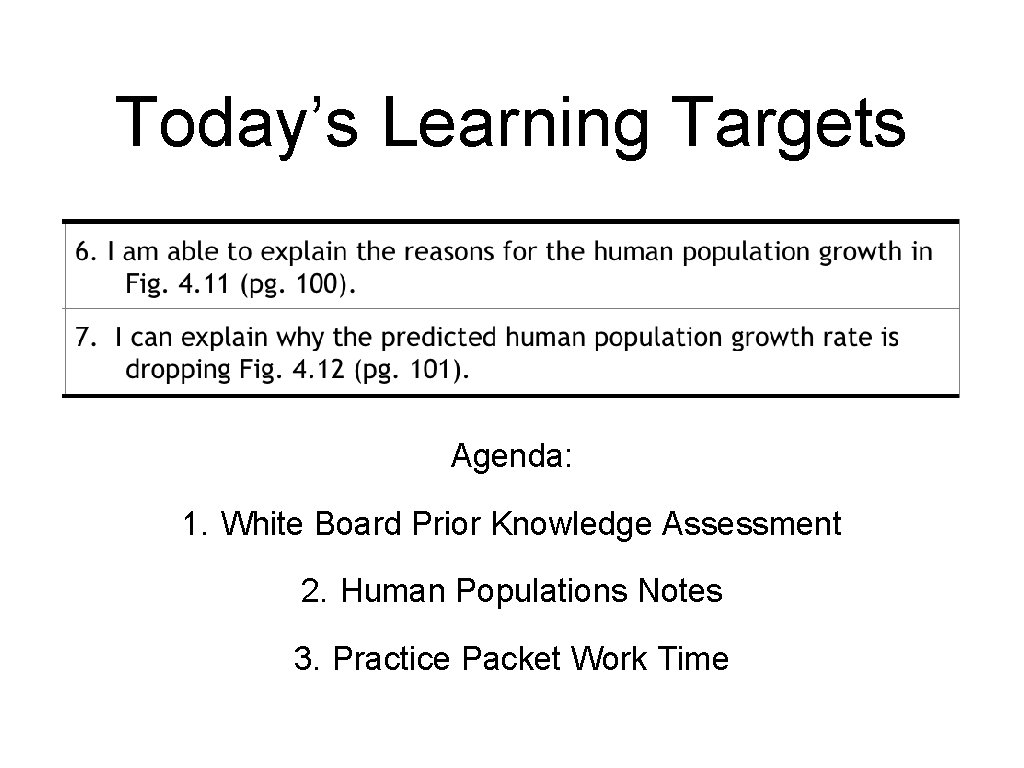 Today’s Learning Targets Agenda: 1. White Board Prior Knowledge Assessment 2. Human Populations Notes