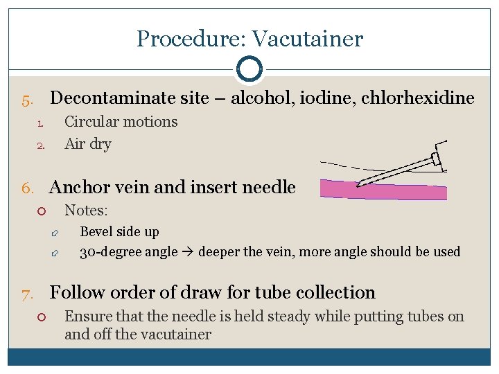 Procedure: Vacutainer 5. Decontaminate site – alcohol, iodine, chlorhexidine Circular motions Air dry 1.