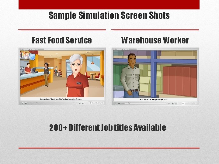 Sample Simulation Screen Shots Fast Food Service Warehouse Worker 200+ Different Job titles Available