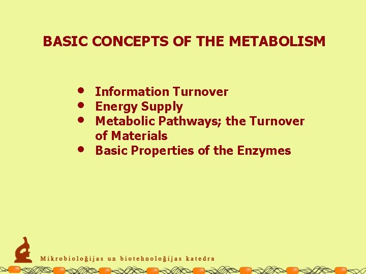 BASIC CONCEPTS OF THE METABOLISM • • Information Turnover Energy Supply Metabolic Pathways; the